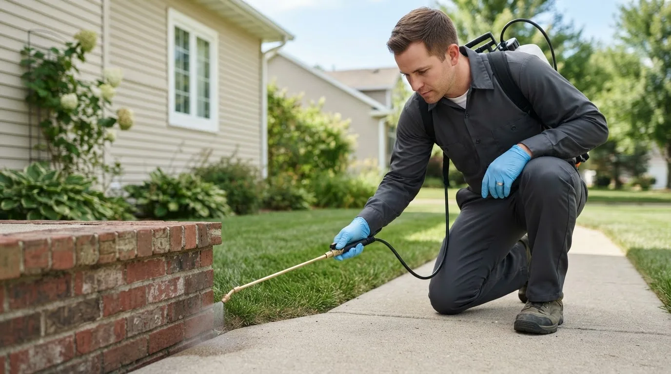 Pest control technician treating a home near Abiquiu, NM